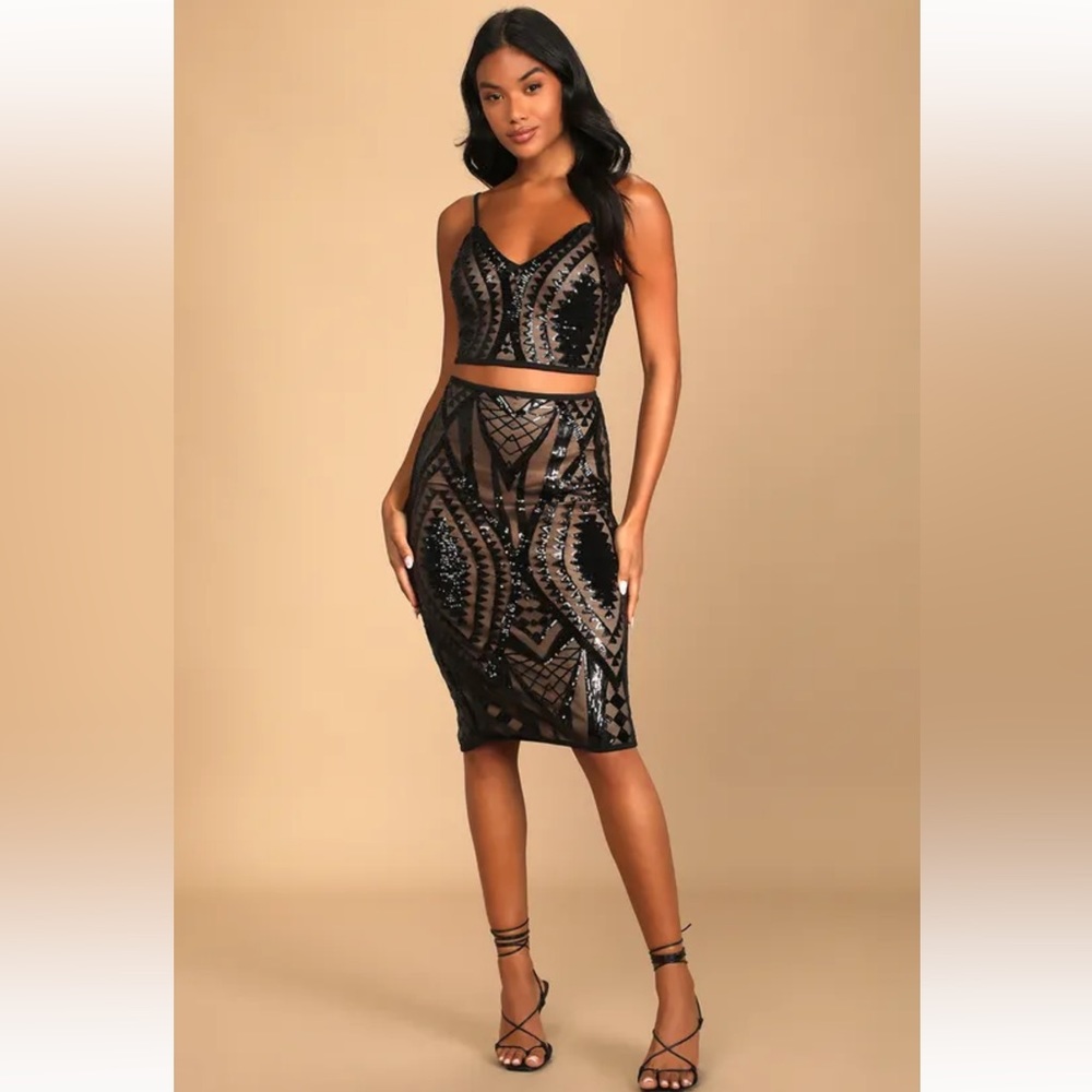 Lulus Party Won't Stop Black Sequin Two-Piece Midi Dress